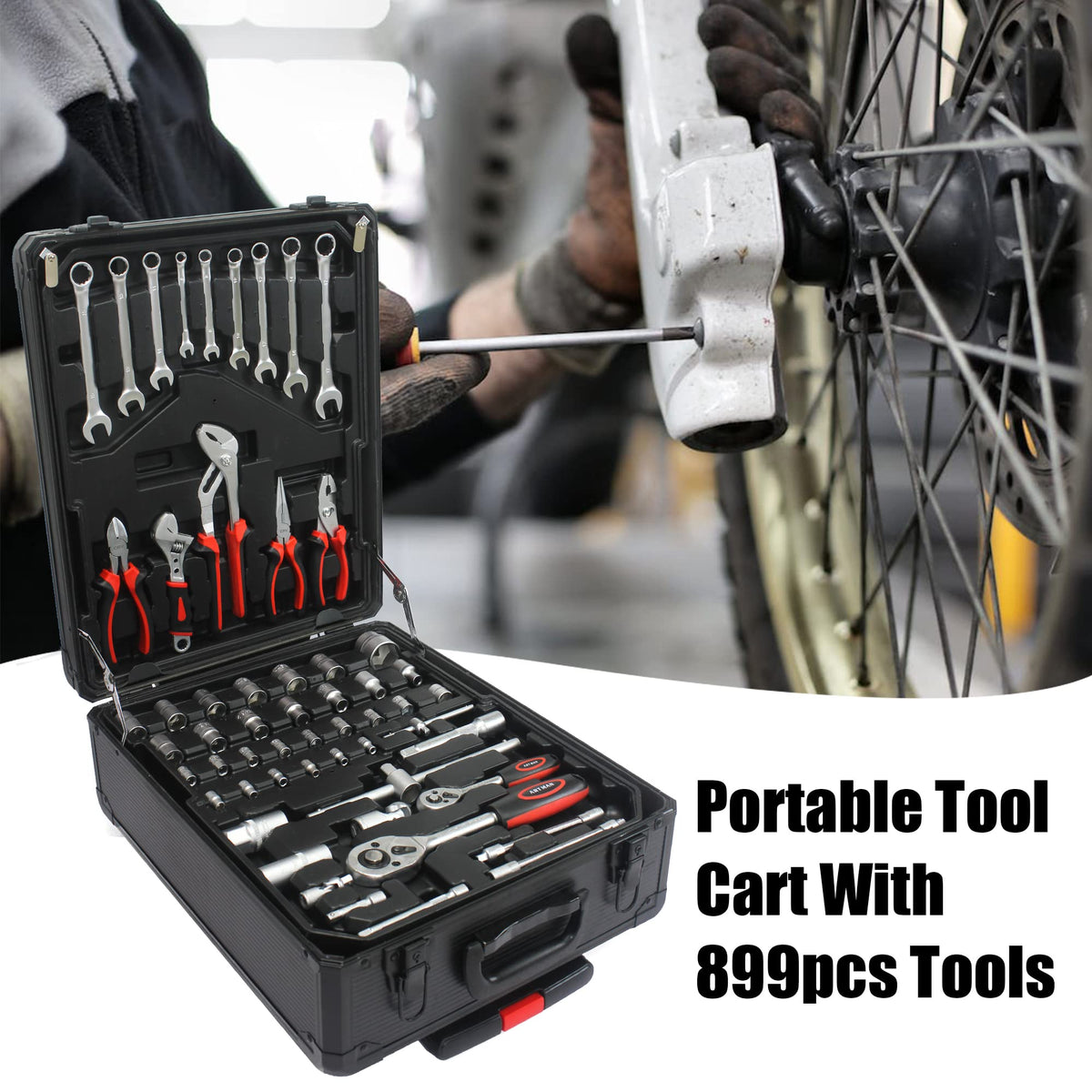 899 PCS Home Auto Repair Tool Kit with Rolling Tool Box Y611067