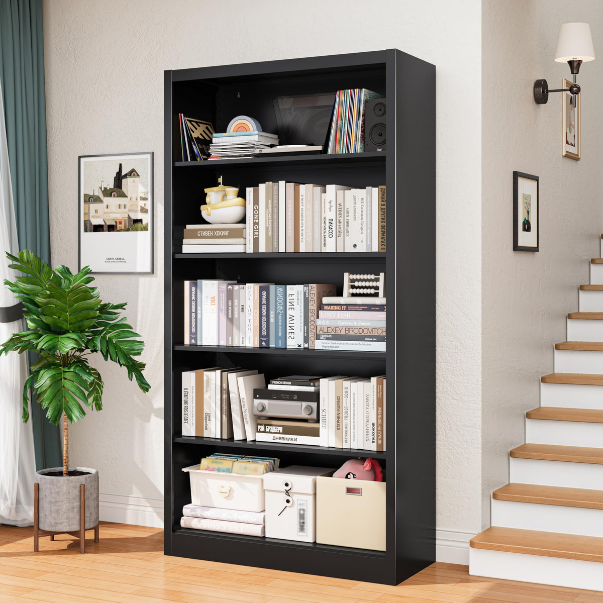 Black 5-Tier Adjustable Metal Bookshelf K500