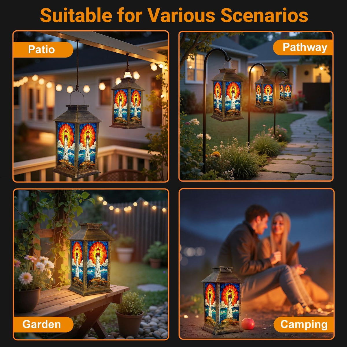 Solar Lantern Outdoor Waterproof Stained Glass LED Hanging Solar Lights O323355