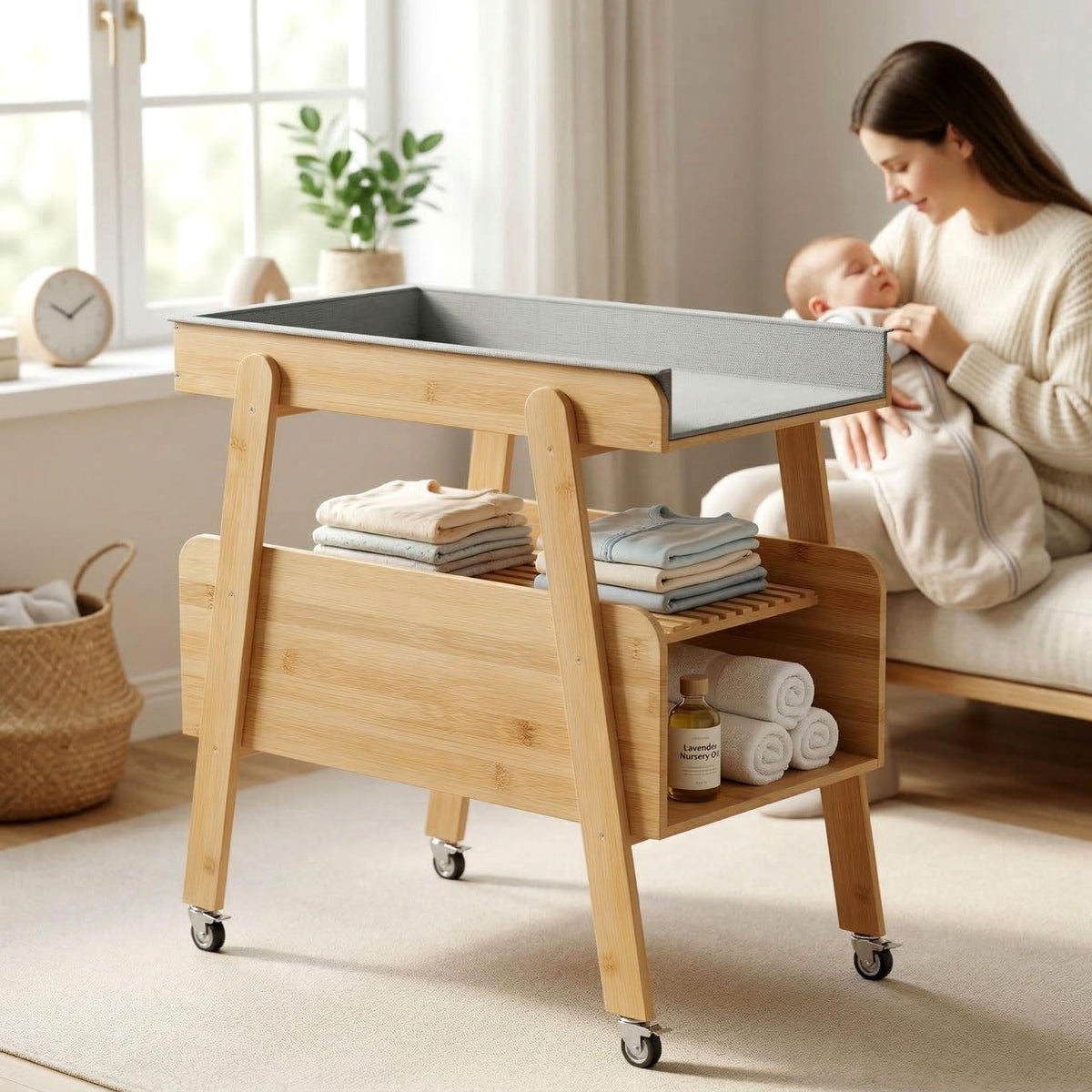 Flat Top Diaper Changing Station with Wheels and Changing Pad A273827