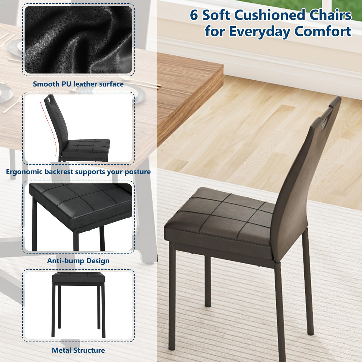 7 Pcs 71 inch Farmhouse Dining Table with Chairs Set for 6 Walnut D206041