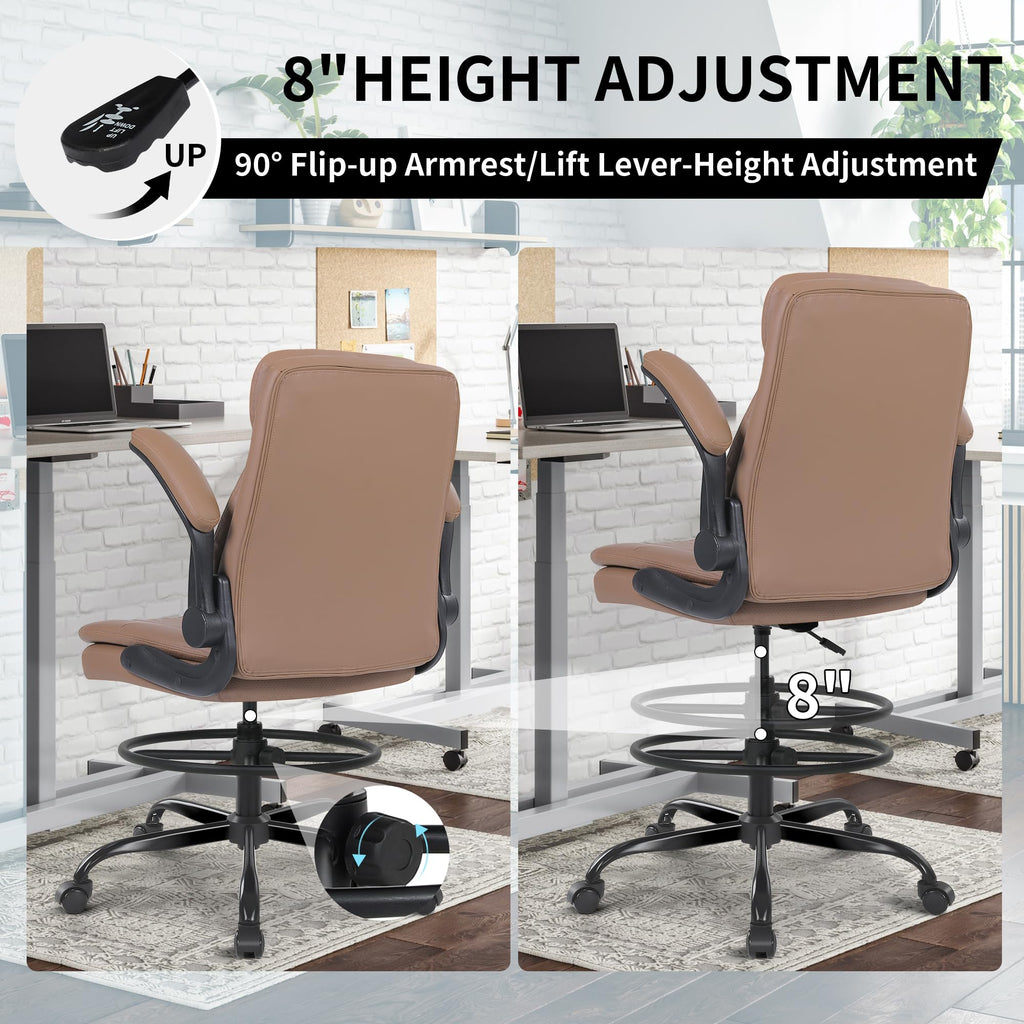 Leather Drafting Chair with Adjustable Height and Flip-up Armrest R620
