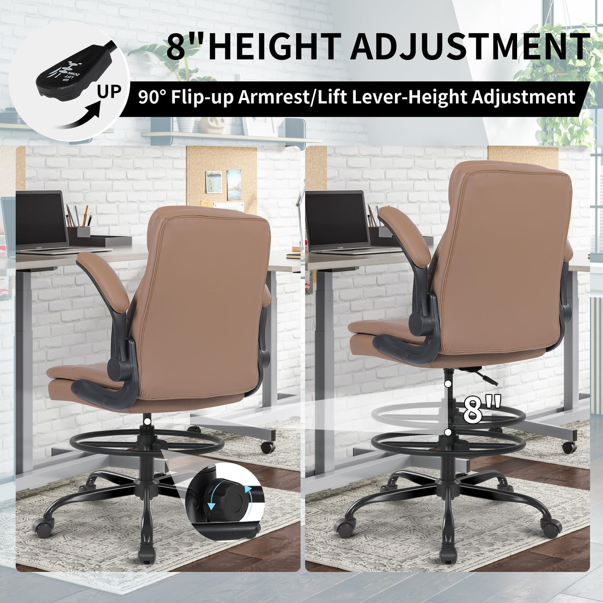 Leather Drafting Chair with Adjustable Height and Flip-up Armrest R620