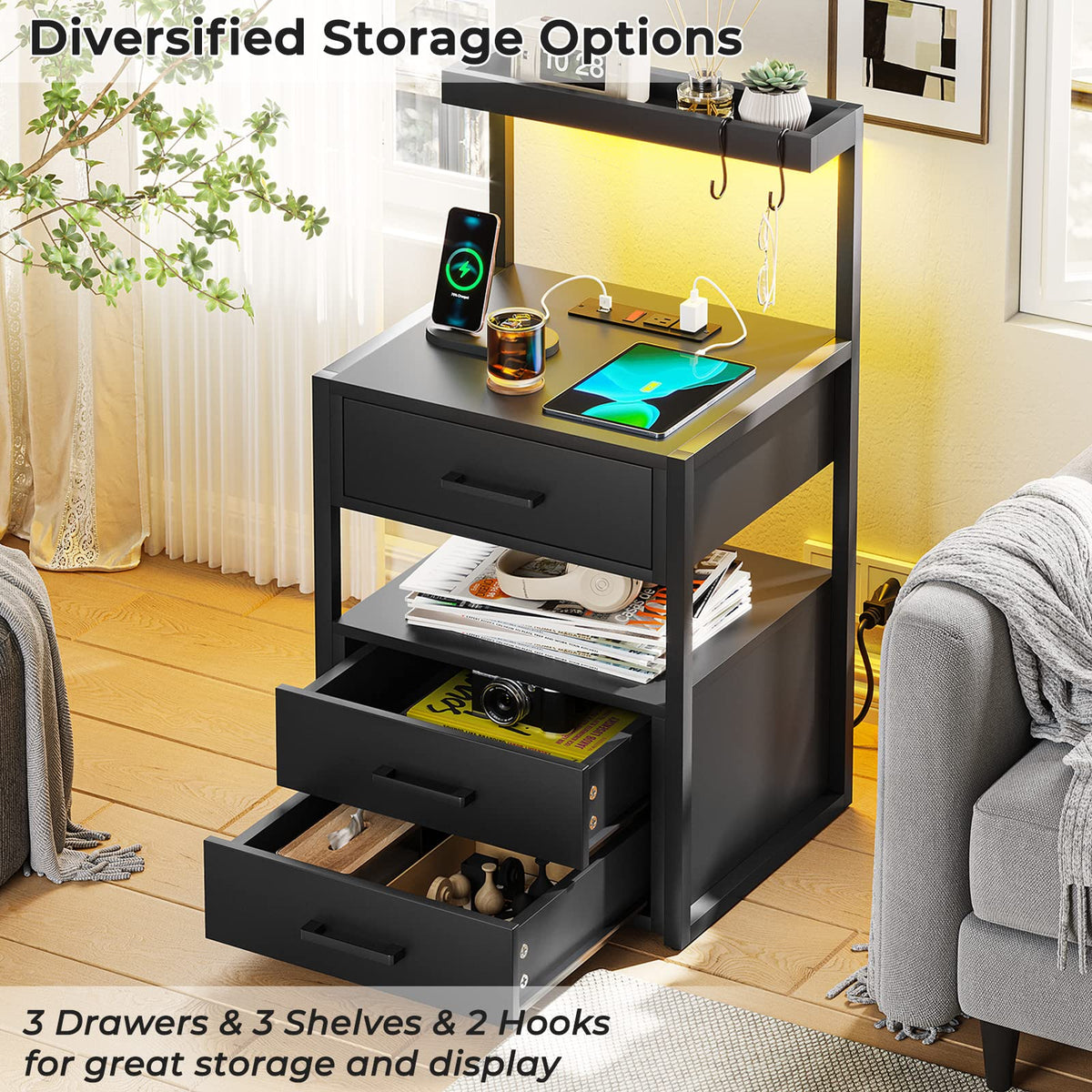 Black Nightstand with Charging Station and LED Lights, 3 Drawers R595170