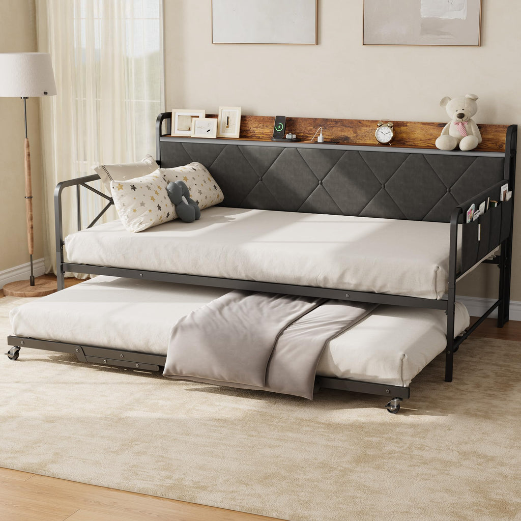 Twin Daybed with Upholstered Headboard and Trundle, Black F6285