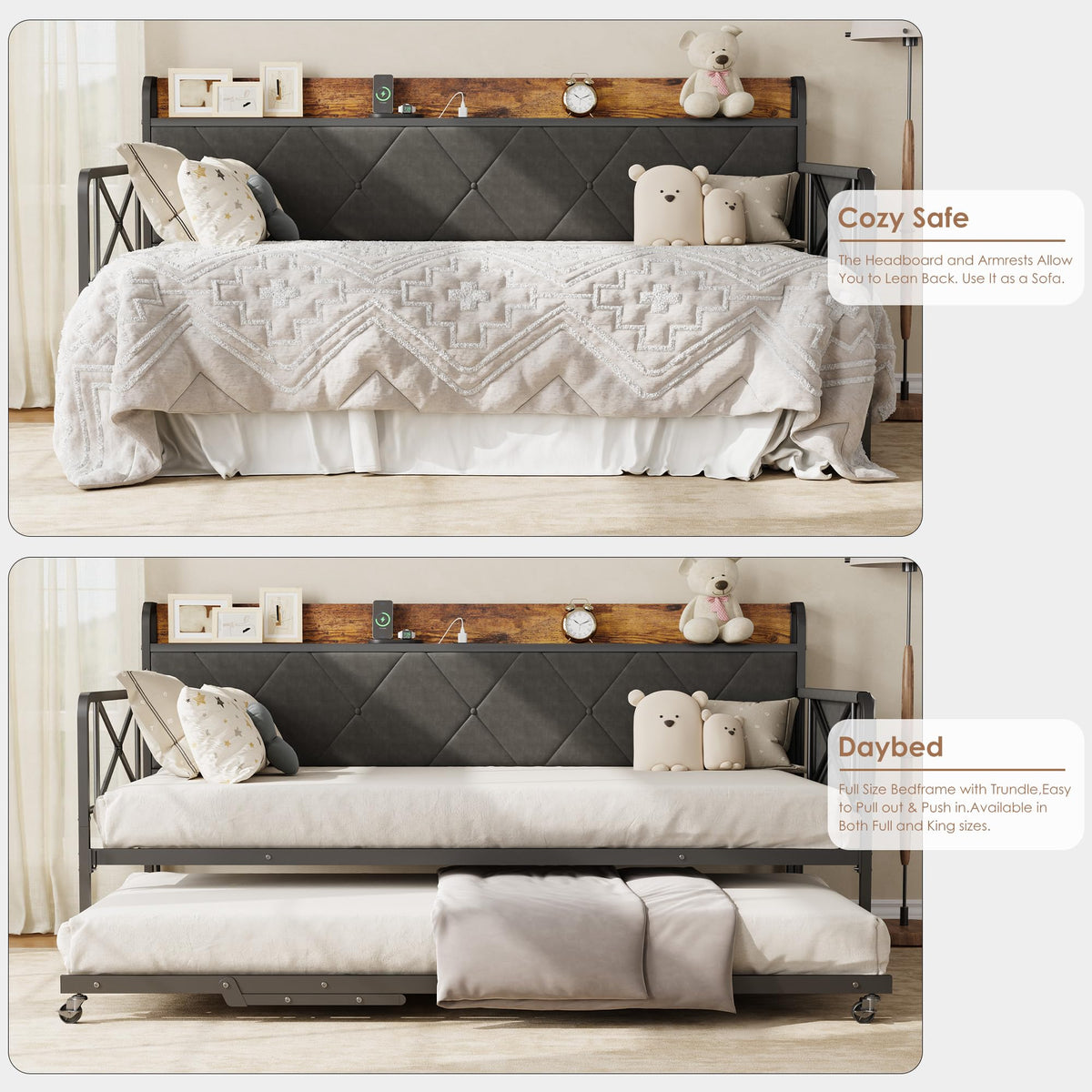 Twin Daybed with Upholstered Headboard and Trundle, Black F6285