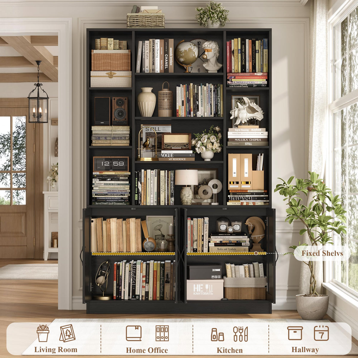72" Tall Black Bookshelf with Storage K31290