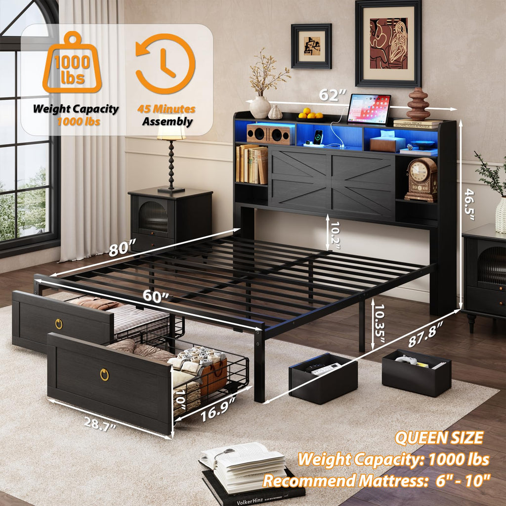 Queen Size Wood Bed Frame with Storage Headboard and 4 Drawers N474183