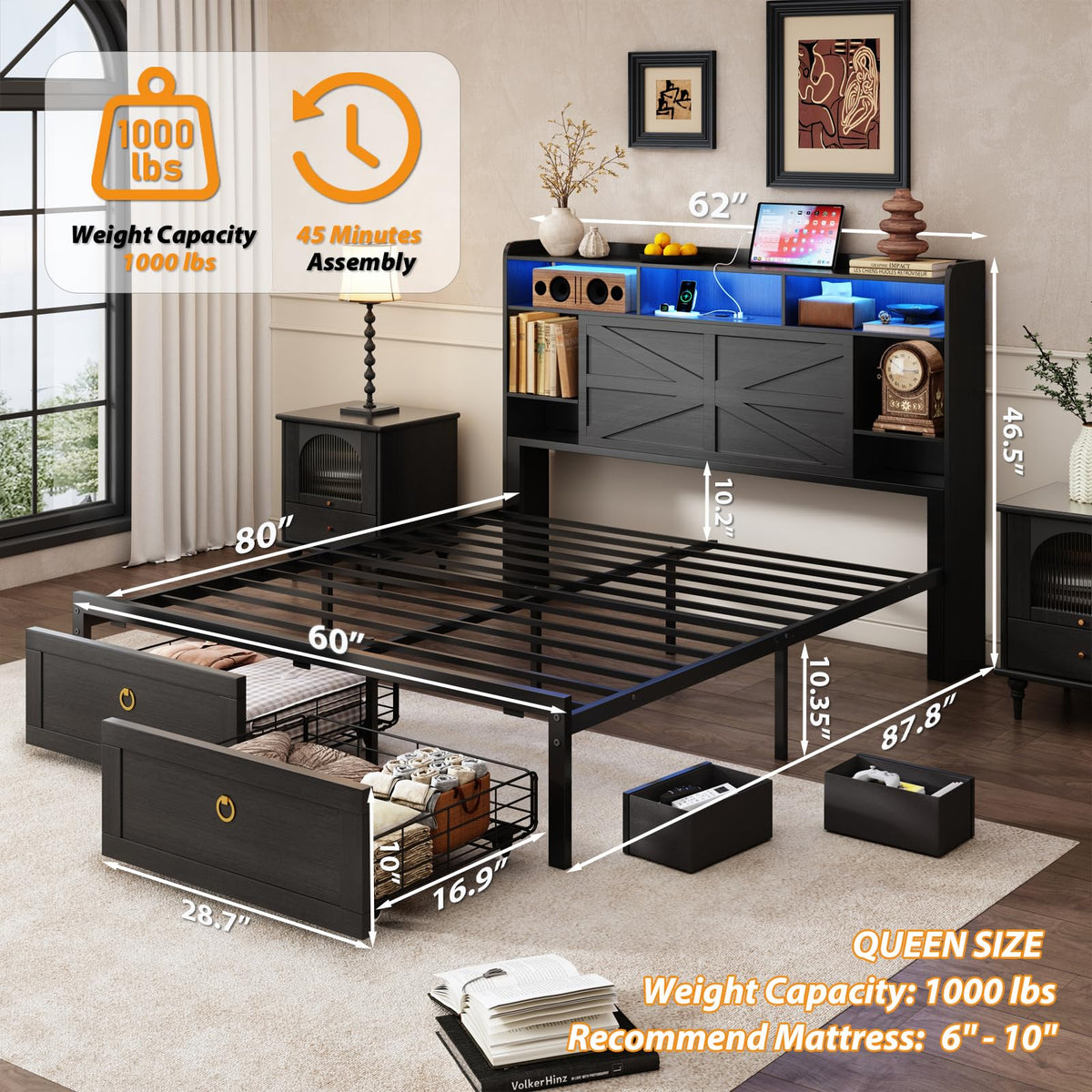 Queen Size Wood Bed Frame with Storage Headboard and 4 Drawers N474183