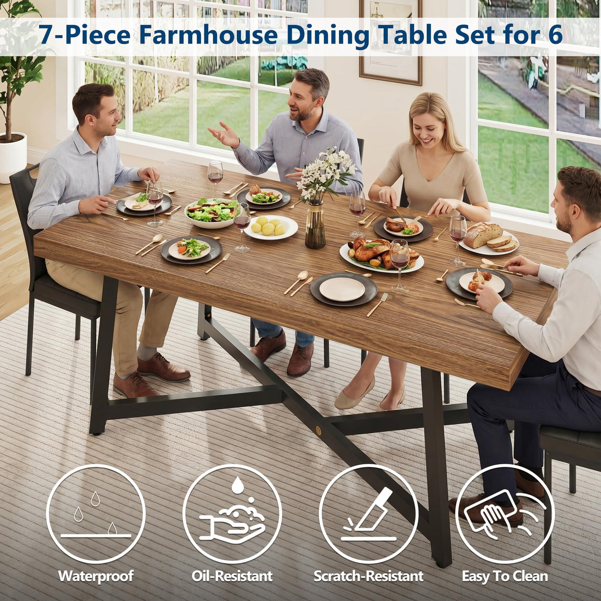7 Pcs 71 inch Farmhouse Dining Table with Chairs Set for 6 Walnut D206041