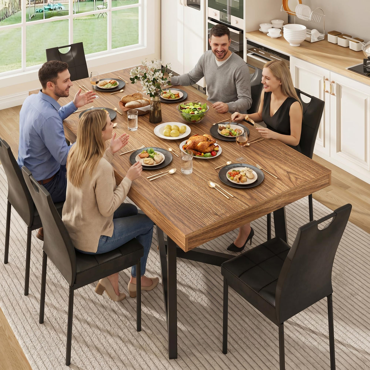 7 Pcs 71 inch Farmhouse Dining Table with Chairs Set for 6 Walnut D206041