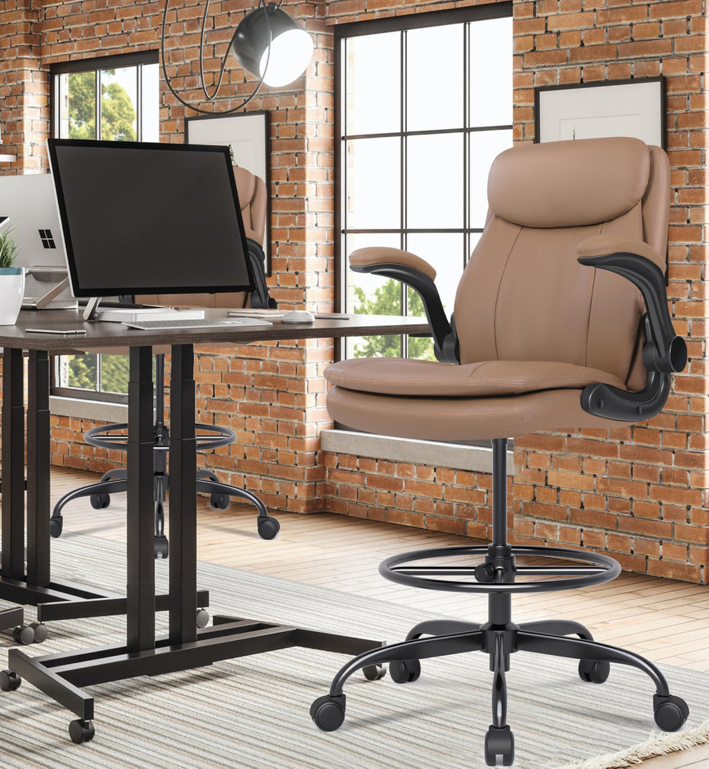Leather Drafting Chair with Adjustable Height and Flip-up Armrest R620