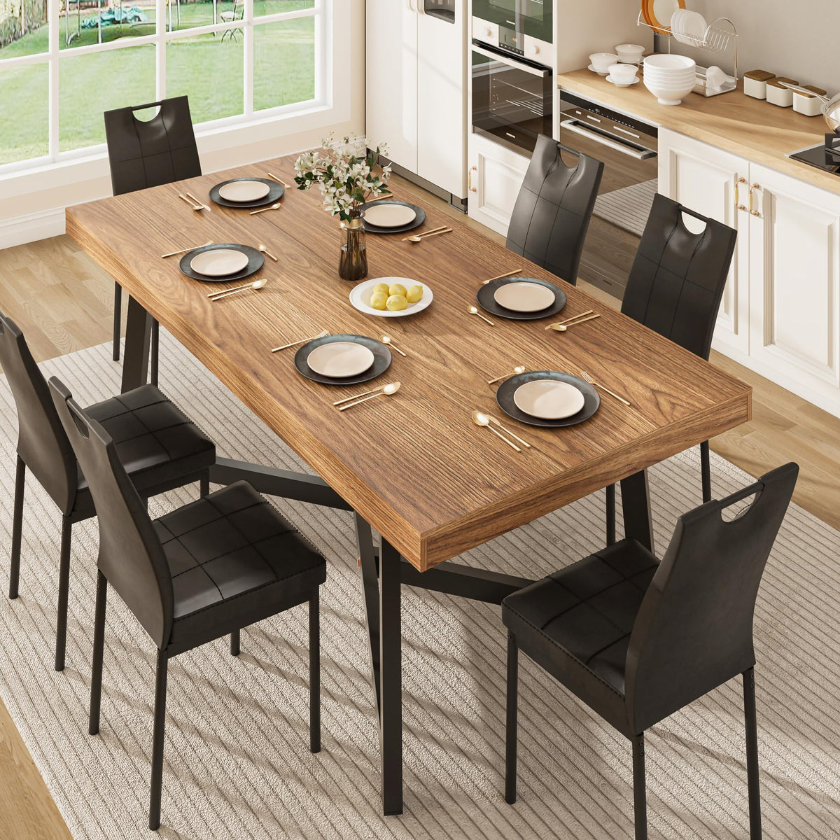 7 Pcs 71 inch Farmhouse Dining Table with Chairs Set for 6 Walnut D206041