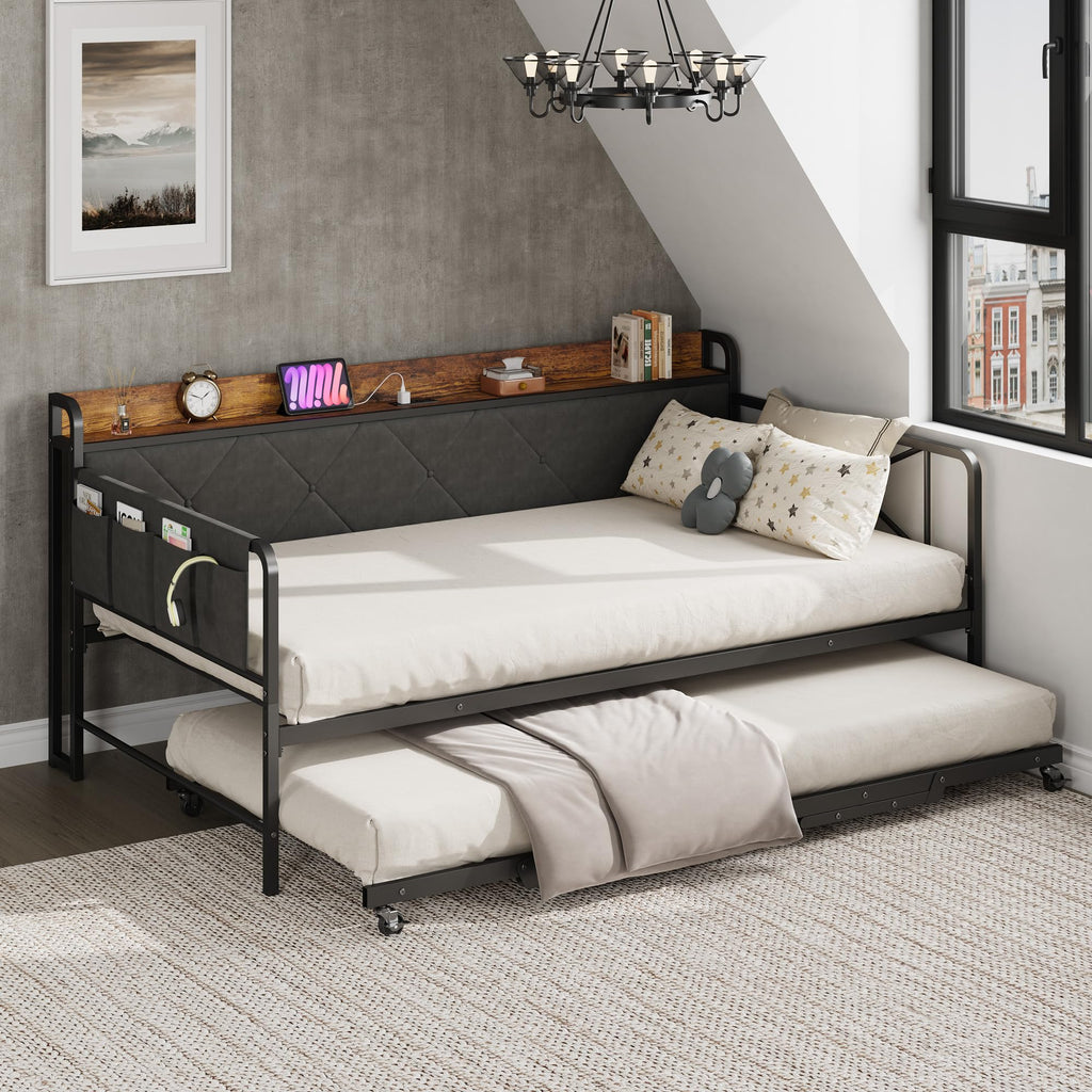 Twin Daybed with Upholstered Headboard and Trundle, Black F6285