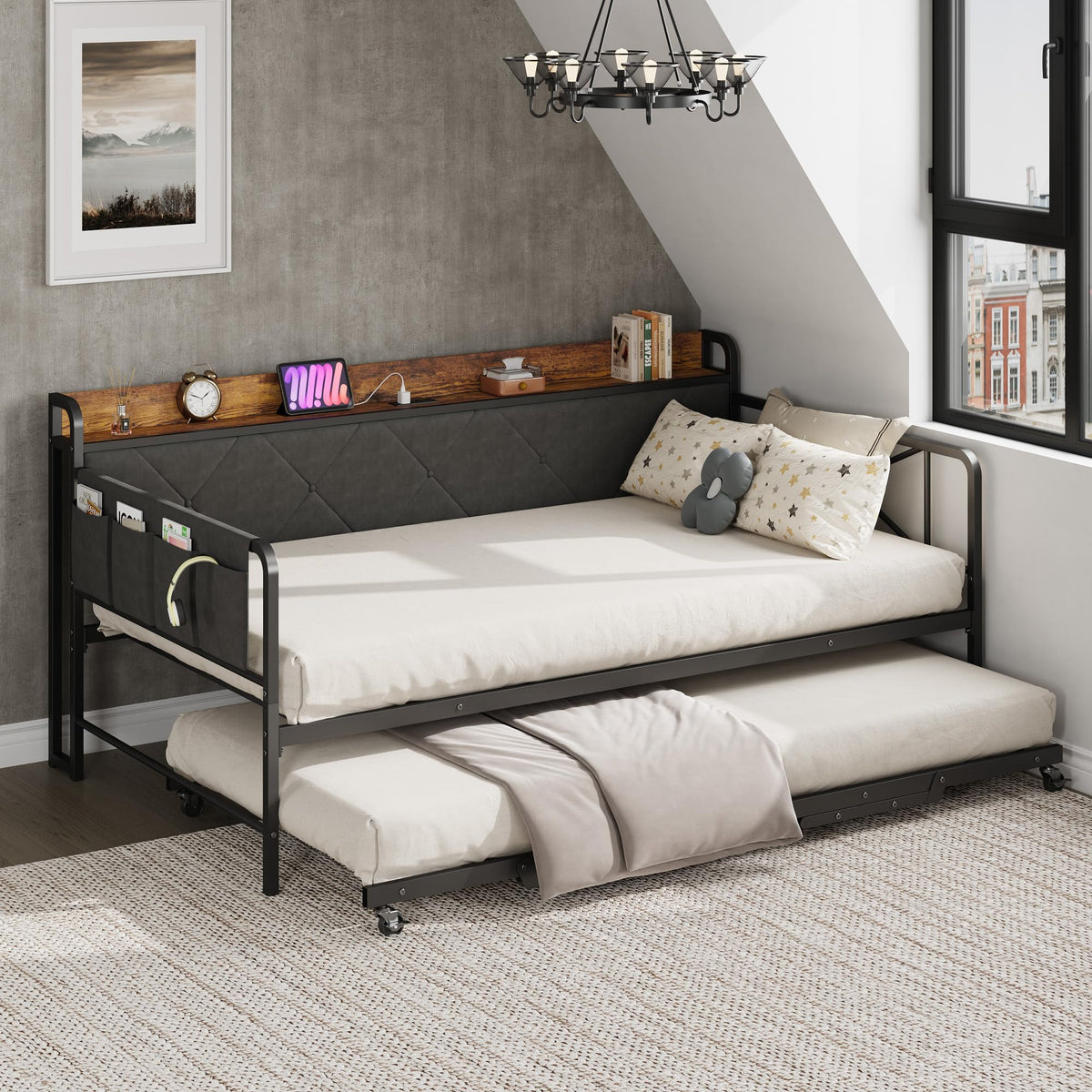Twin Daybed with Upholstered Headboard and Trundle, Black F6285