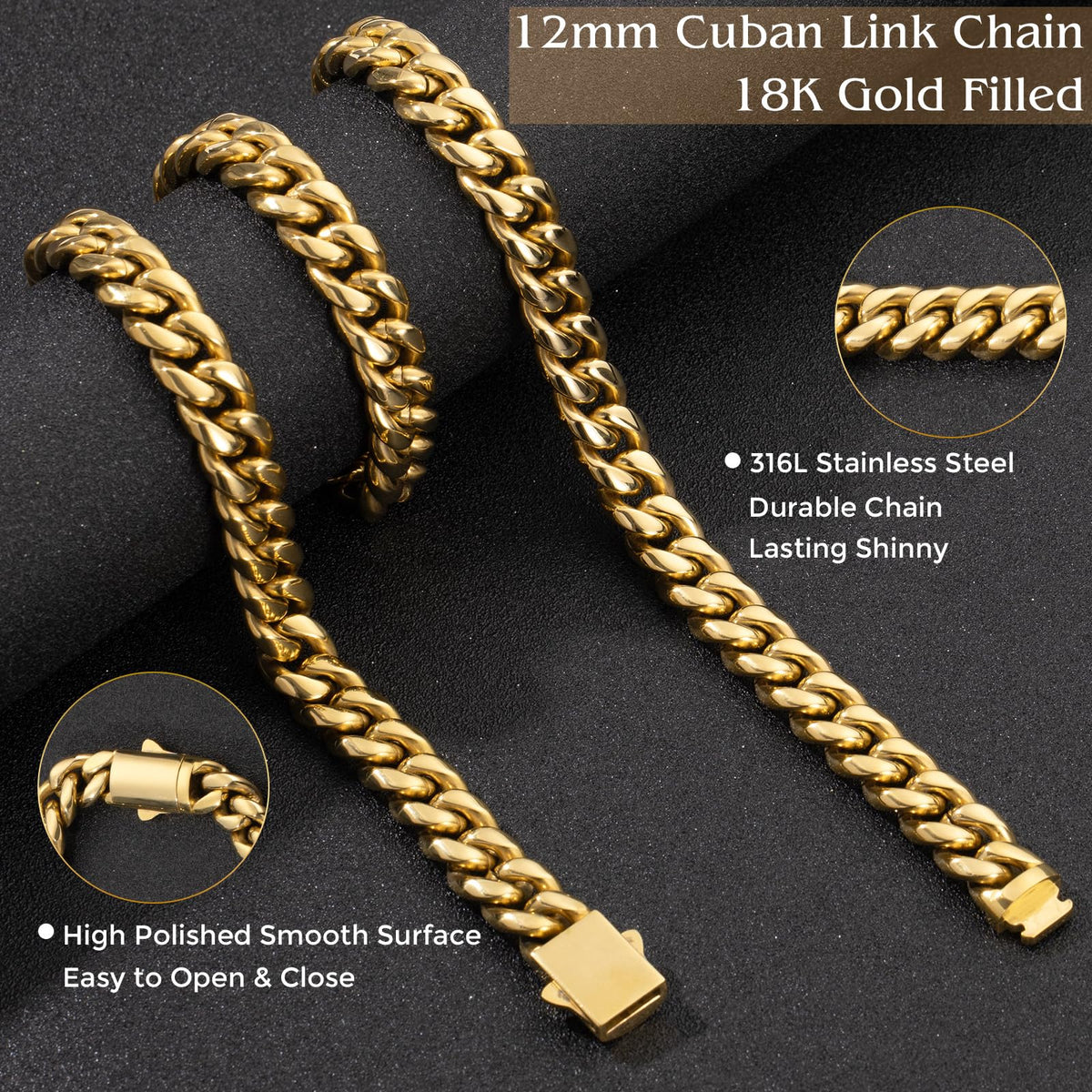 Gold Cuban Link Chain 316L Stainless Steel Necklace 20/22/24 Inches J405